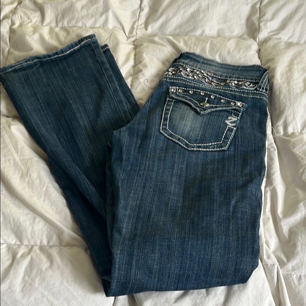 Blue Boot Cut, Low Cut Jeans with Rhinestone Details